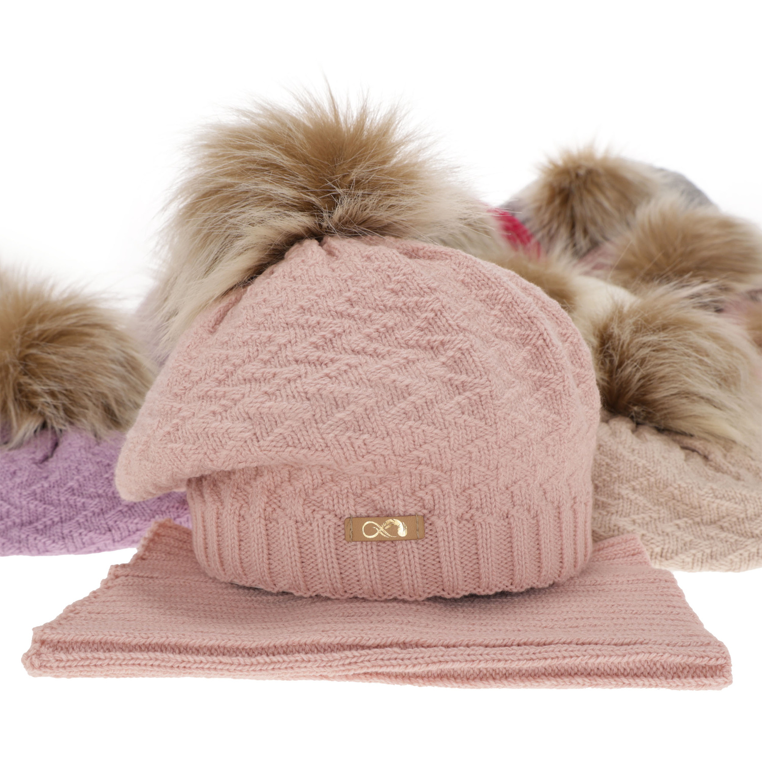 Girl's winter set: hat and tube scarf pink Atene with pompom