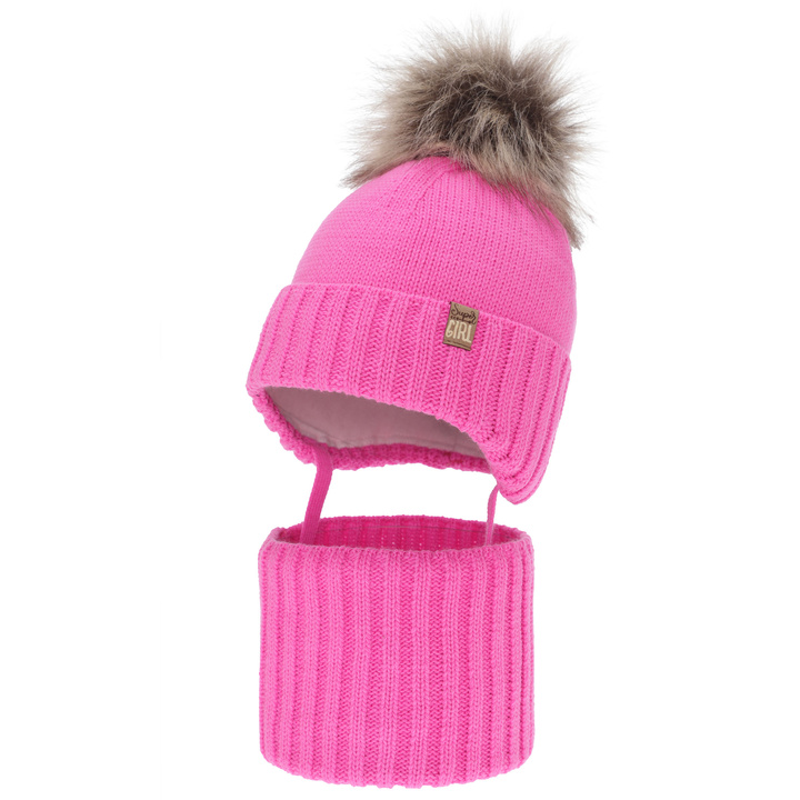 Girl's winter set: hat and tube scarf, pink, with pompom, Primula