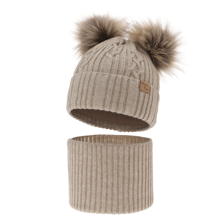 Girl's winter set: hat and tube scarf beige with two pompoms Sierra