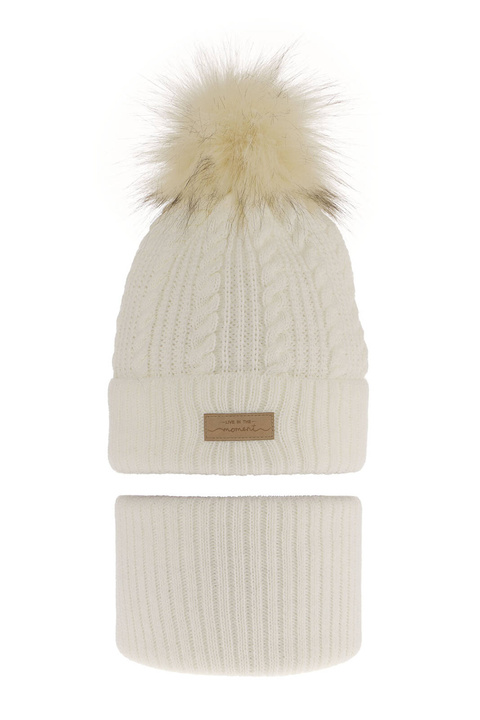 Girl's winter set: hat and tube scarf ecru Alika with pompom