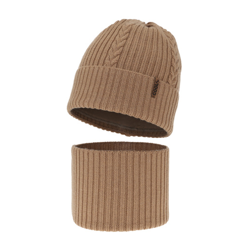 Boy's winter set: hat and tube scarf camel 100% extra finemerino wool Wilson