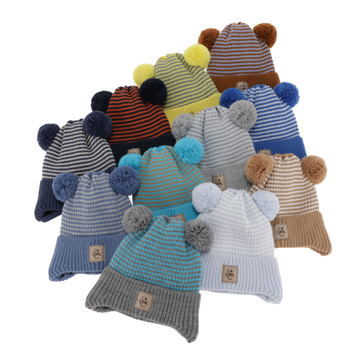 Boy's spring/ autumn hat blue with two pompom Laurent