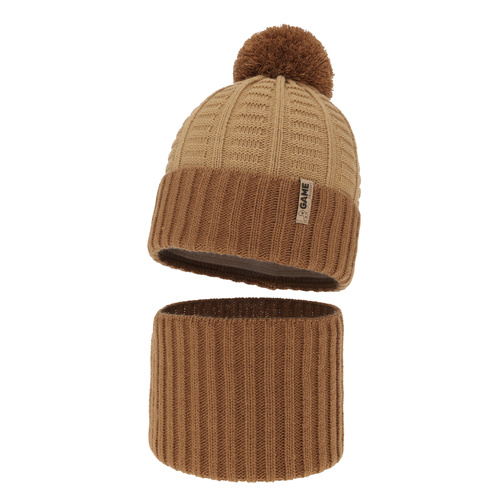Boy's winter set: hat and tube scarf camel with pompom Leo