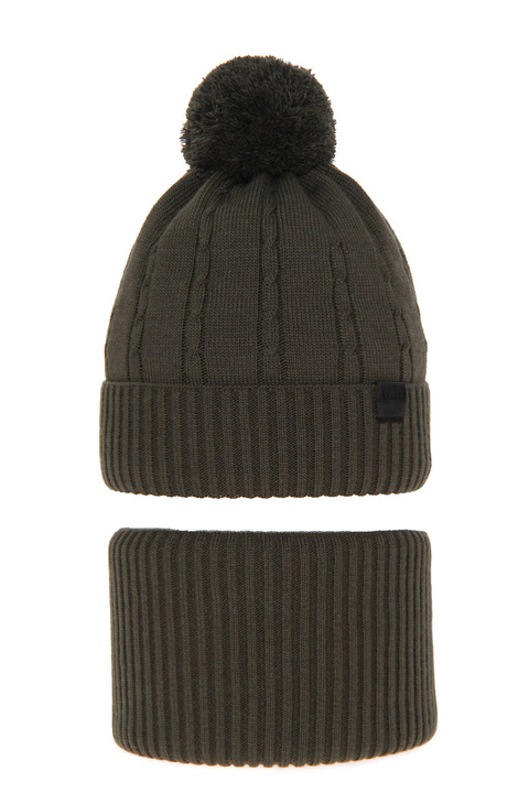 Boy's winter set: hat and tube scarf khaki Deny with pompom