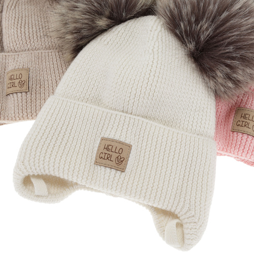 Girl's winter hat, beige, 100% merino wool, wool fleece lining, with ears, Trudina