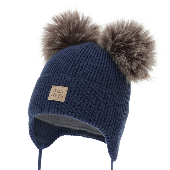 Boy's winter hat, navy blue, 100% merino wool, wool fleece lining, Tambor