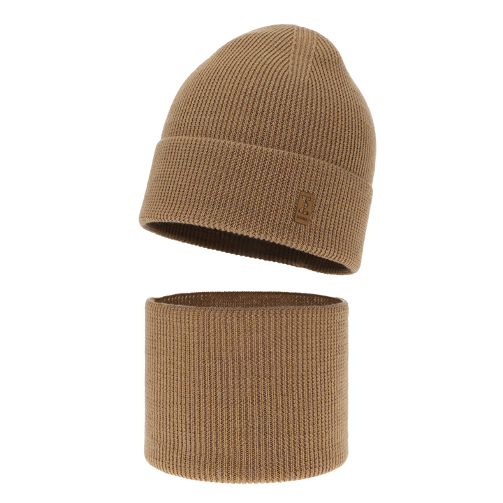 Boy's spring/ autumn set: hat and tube scarf camel 100% extra finemerino wool Bruce