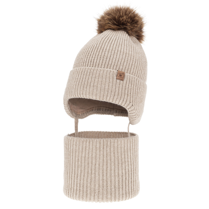 Boy's winter set: hat and tube scarf beige Zico with pompom