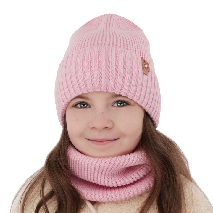 Girl's winter set: hat and tube scarf pink 100% extra finemerino wool Nelita