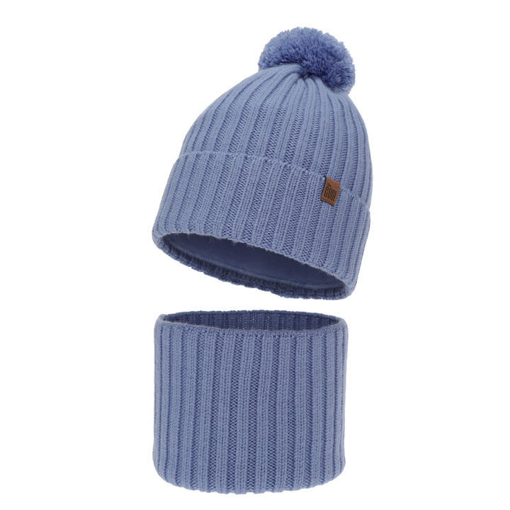 Boy's winter set: hat and tube scarf, blue, 100% merino wool, cotton lining, Tolmar