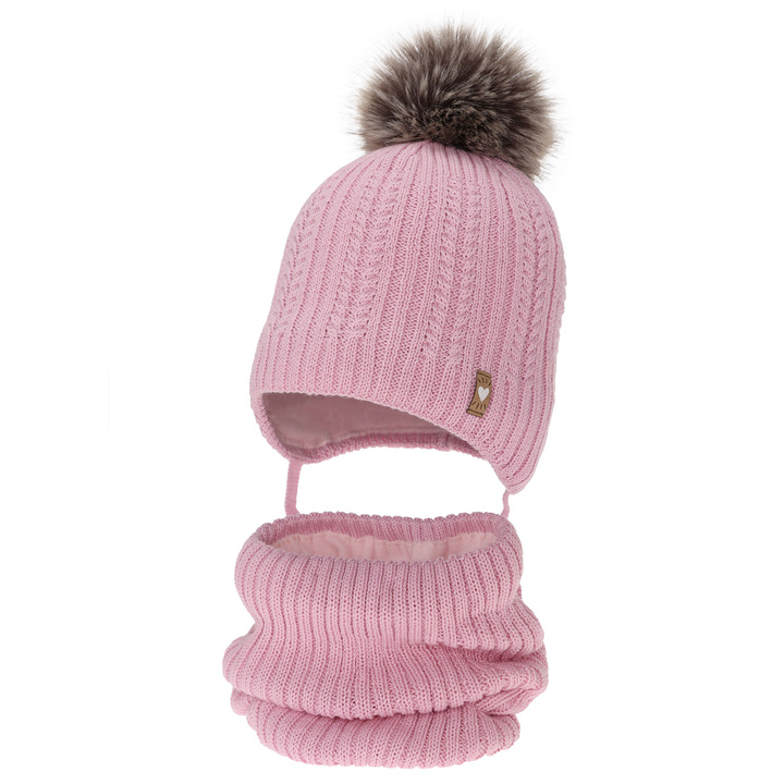 Girl's winter set: hat and tube scarf, pink, with merino wool, Muanda