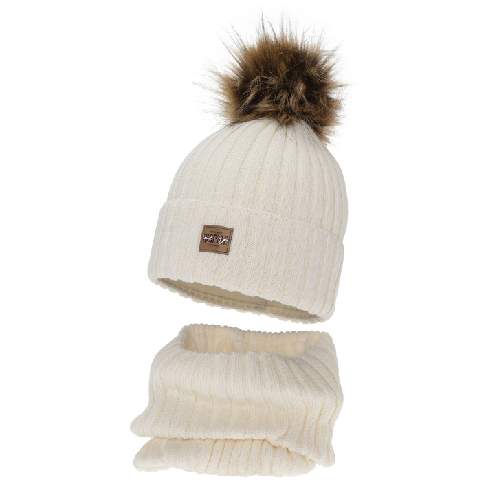 Girl's winter set: hat and tube scarf, cream, fleece lining, with merino wool, Bellina