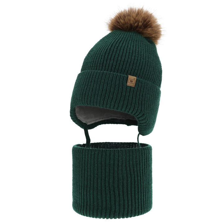 Boy's winter set: hat and tube scarf green Zico with pompom