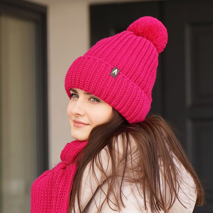 Woman's winter set: hat and scarf burgund Lupita with pompom