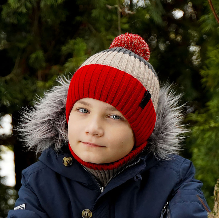 Boy's winter set: hat and tube scarf red Karson with pompom