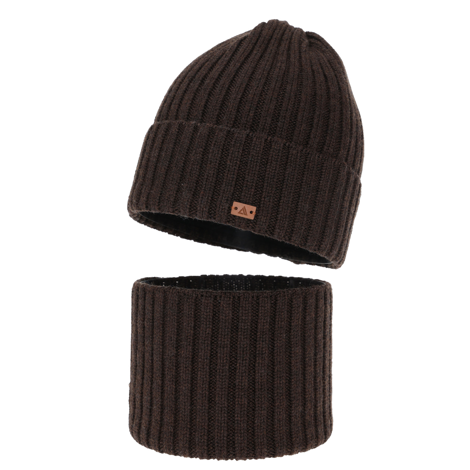 Boy's winter set: hat and tube scarf, brown, 100% merino wool, Umberto