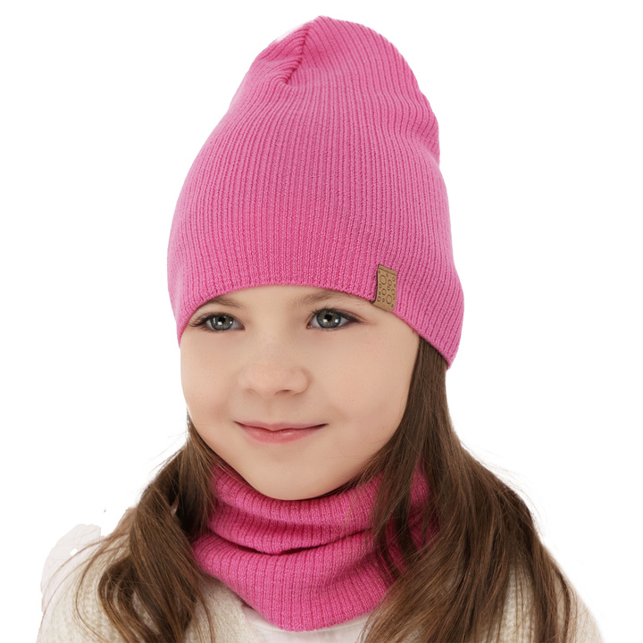 Girl spring autumn set hat and tube scarf pink 100% extra fine merino wool Ricona