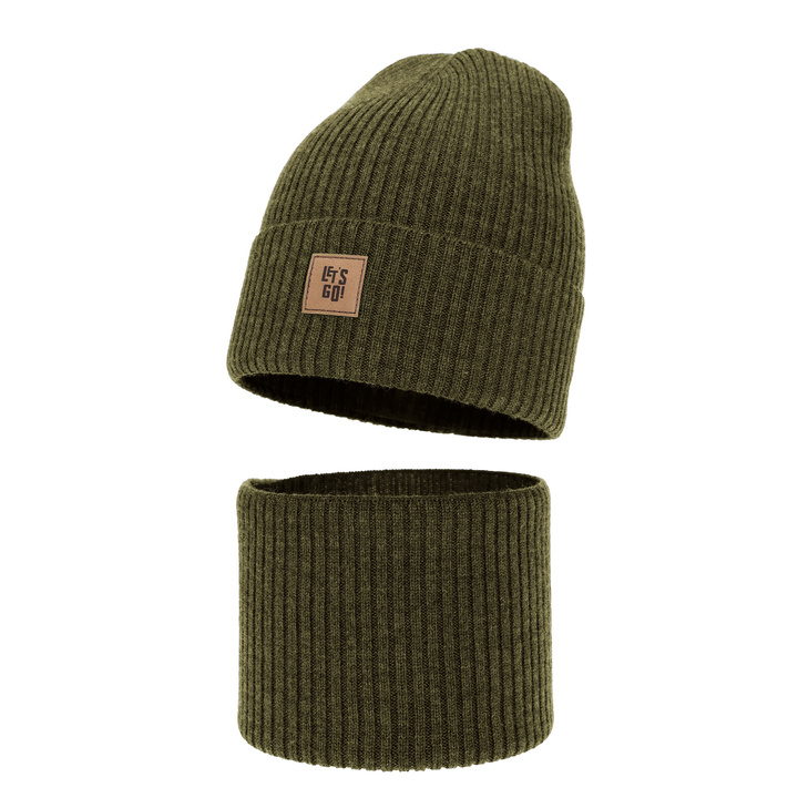 Boy's spring, autumn set: hat and tube scarf khaki 100% merino wool Vanto
