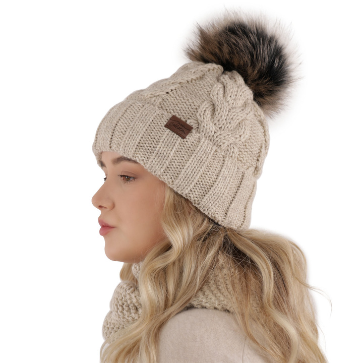 Girl's winter set: hat and tube scarf pink Torina with pompom