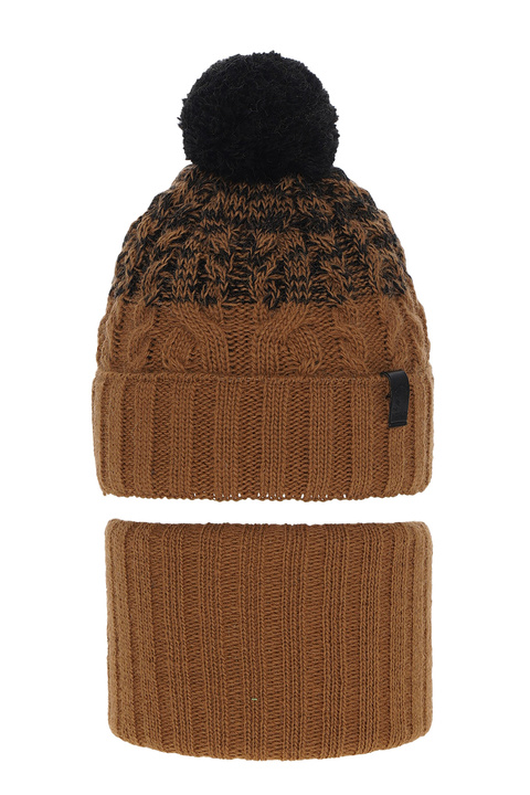 Boy's winter set: hat and tube scarf brown Travis with pompom