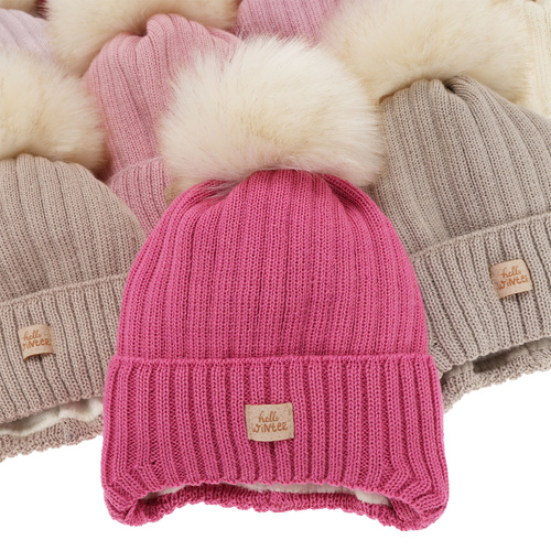 Girl's winter hat, light pink, with ears, with merino wool, Basma