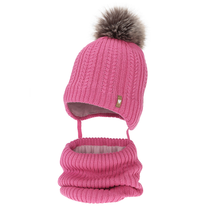 Girl's winter set: hat and tube scarf, pink, with merino wool, Muanda