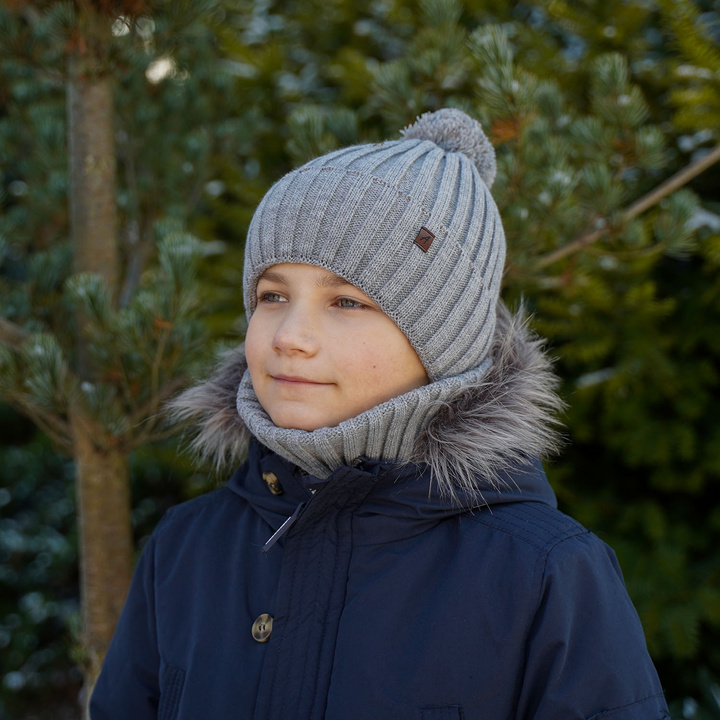 Boy's winter set: hat and tube scarf grey Wiliam with pompom