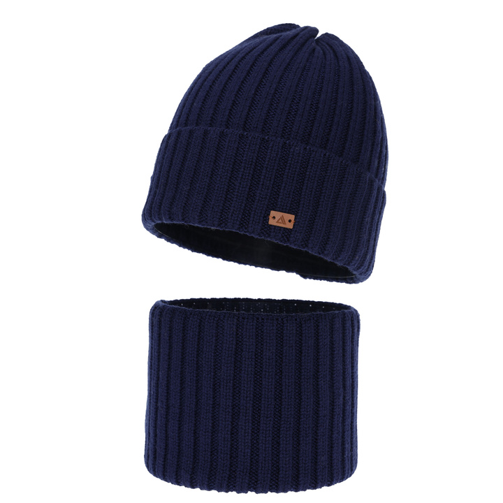 Boy's winter set: hat and tube scarf, navy blue, 100% merino wool, Umberto