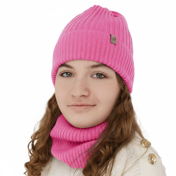 Girl's winter set: hat and tube scarf, pink, 100% merino wool, Patricia