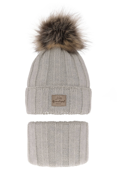 Girl's winter set: hat and tube scarf grey with pompom Kalope