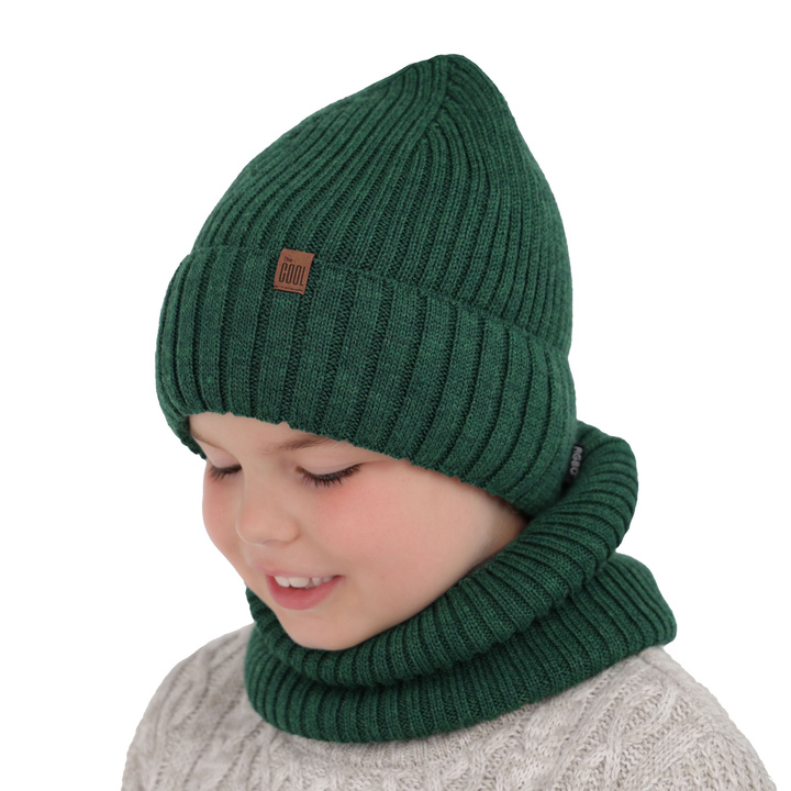 Boy's winter set: hat and tube scarf green merino wool Metis