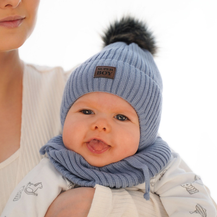 Boy's winter set: hat and tube scarf grey Denzel with pompom