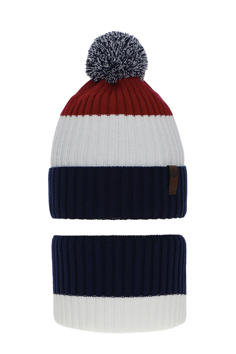 Boy's winter set: hat and tube scarf navy blue Karson with pompom