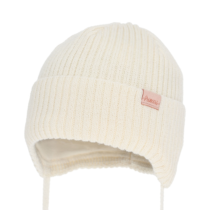 Girl's winter hat, cream, with ears, with merino wool, Punia
