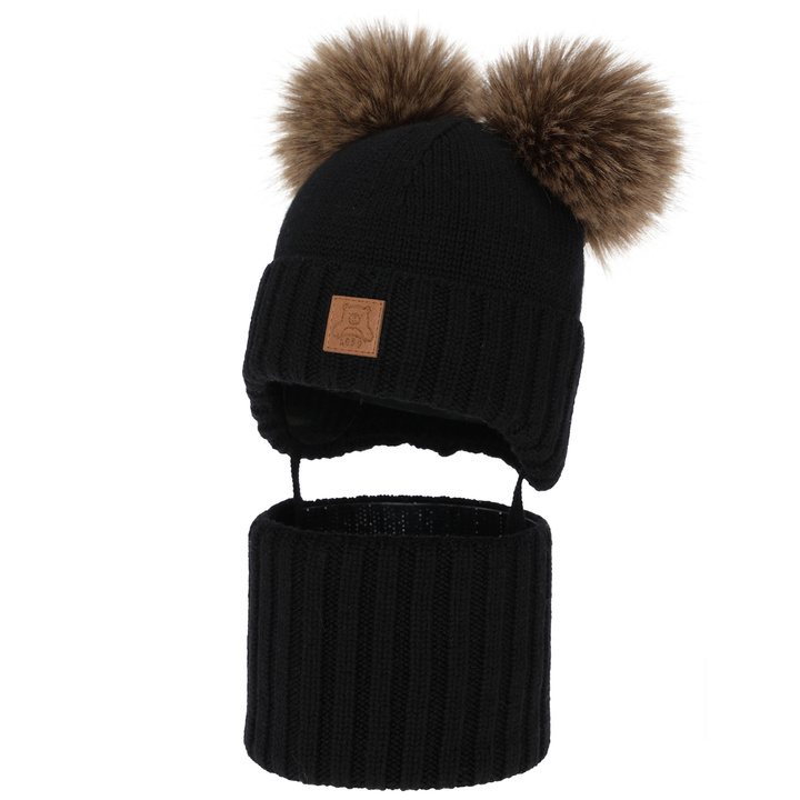 Boy's hat and snood, winter set, black, 100% merino wool, lined with wool fleece, Ronik
