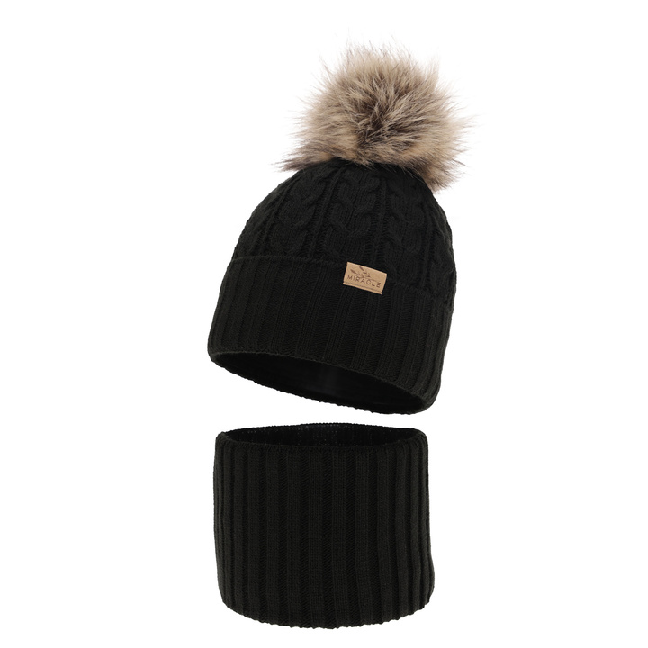 Girl's winter set: hat and tube scarf black Tanzania with pompom