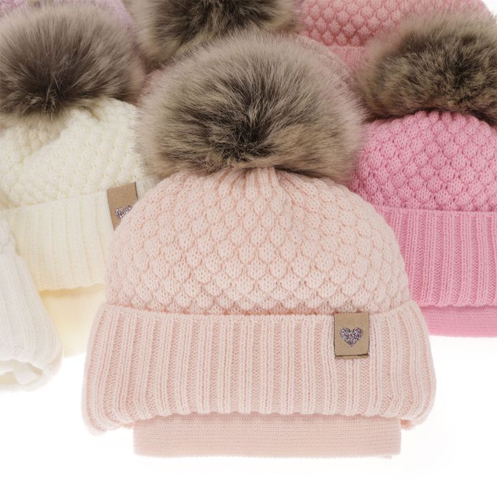 Girls winter set hat and scarf ecru with pompom Bianca