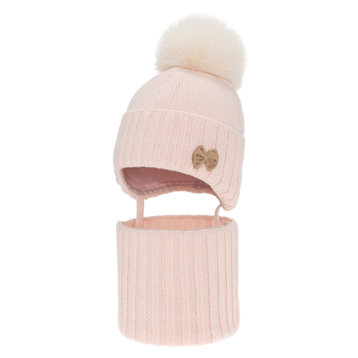 Girl's winter set: hat and tube scarf pink with pompom Talena