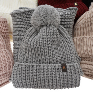 Woman's winter set: hat and scarf beige Lupita with pompom