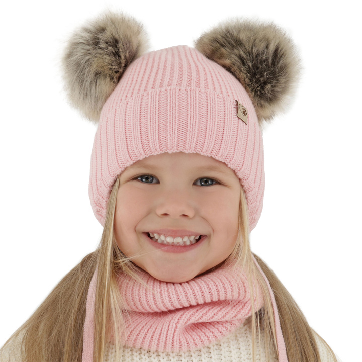 Girl's winter set: hat and tube scarf pink made of 100% extra fine merino wool Silvia