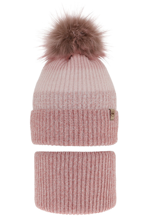 Girl's winter set: hat and tube scarf pink Gimena with pompom