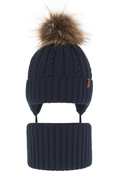 Boy's winter set: hat and tube scarf navy blue Peter with pompom