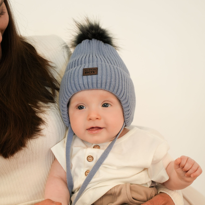 Boy's winter set: hat and tube scarf grey Denzel with pompom