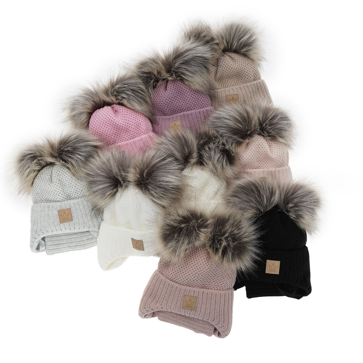 Girl's winter set: hat and tube scarf violet Minsi with two pompom
