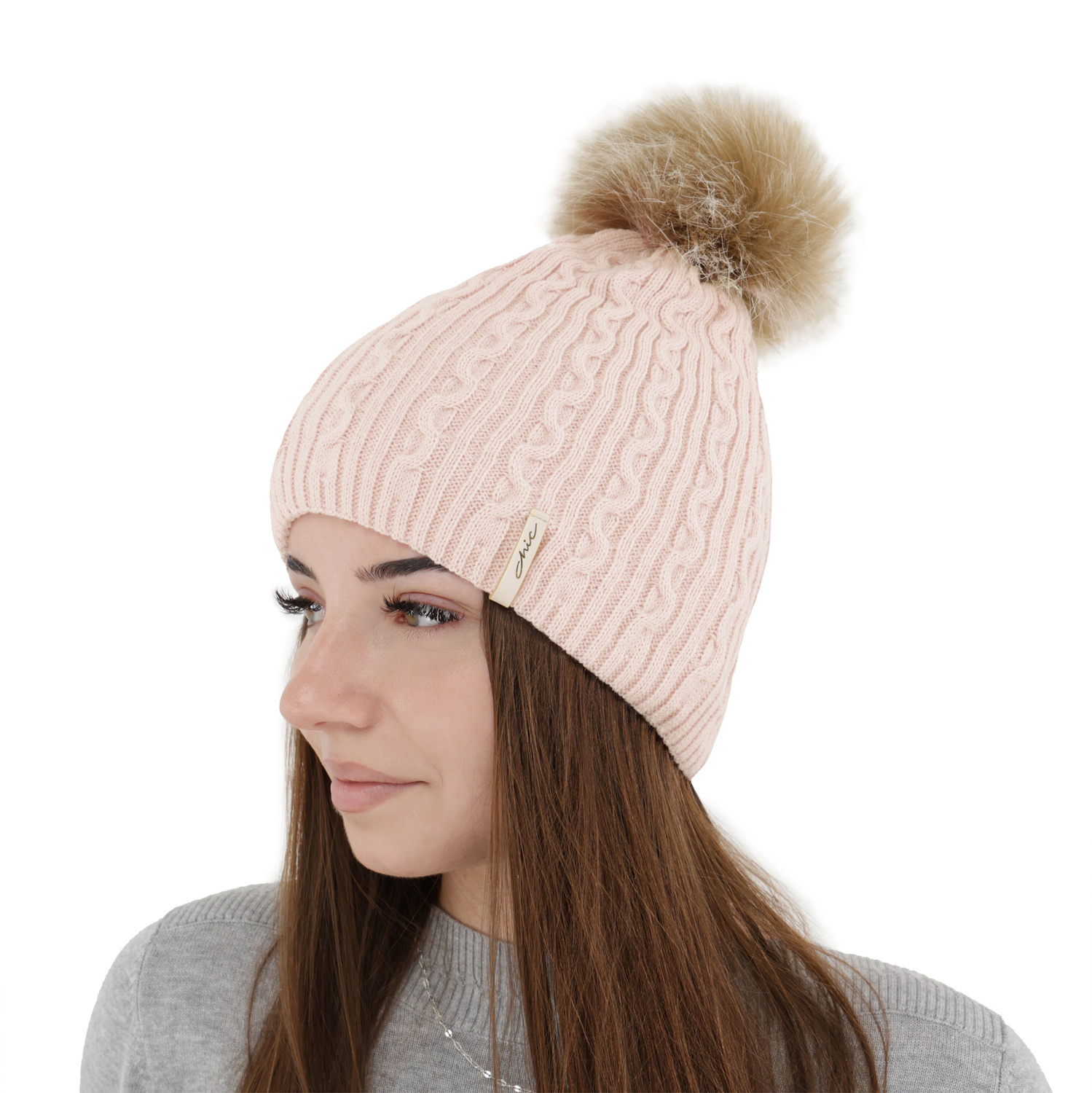 Woman's winter hat beige Xena with pompom