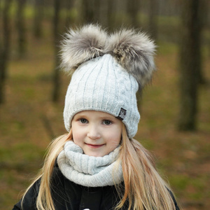 Girl's winter set: hat and tube scarf grey Marlen with two pompom