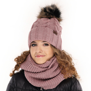 Girl's winter set: hat and tube scarf white Torina with pompom