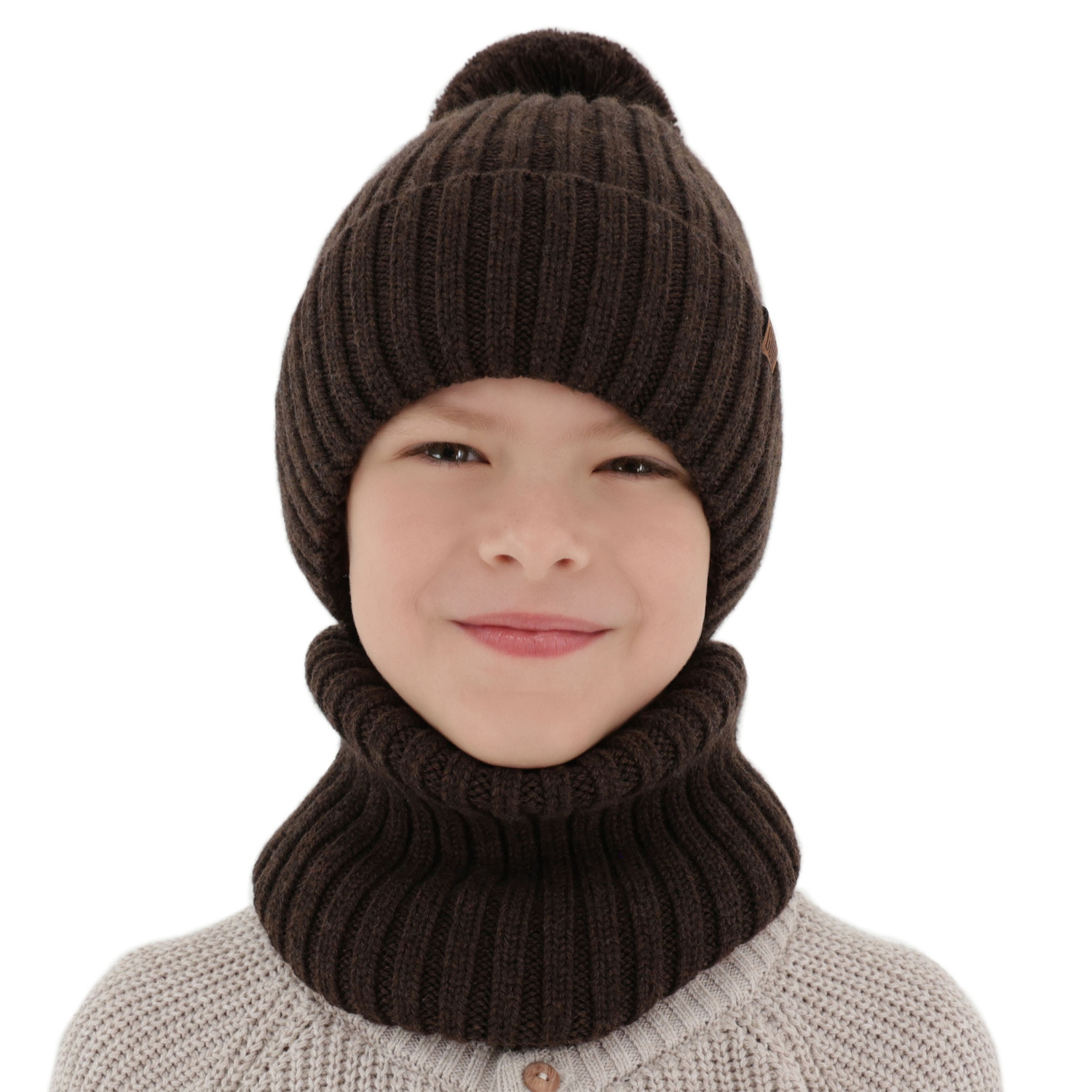 Boy's winter set: hat and tube scarf, beige, 100% merino wool, cotton lining, Tolmar