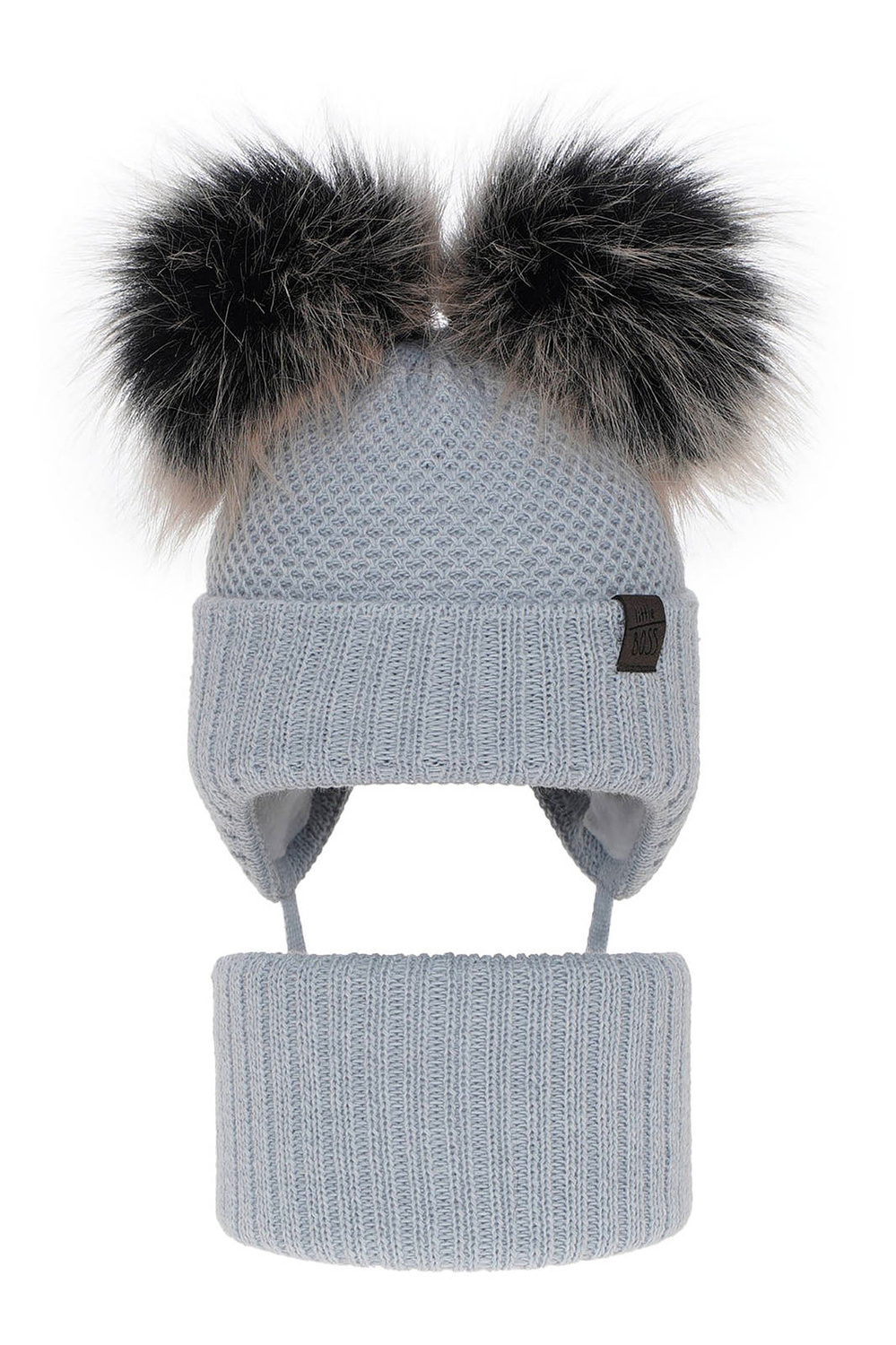Boy's winter set: hat and tube scarf light blue Randel with two pompom