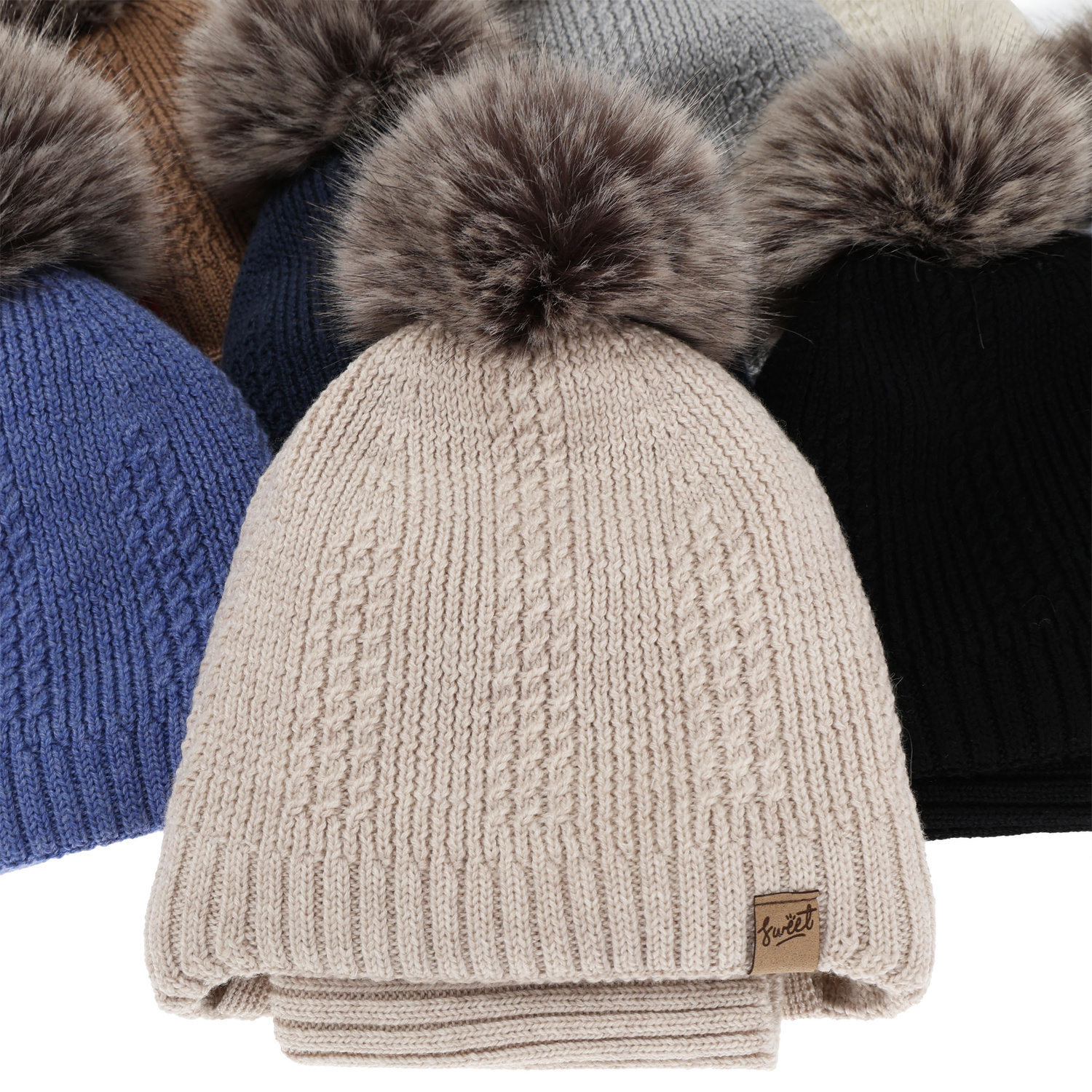 Boy's hat and tube scarf, winter set, beige, 100% merino wool, lined with wool fleece, with ties Danny